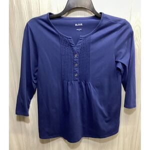 BLAIR Women's (Size S) 3/4‎ Sleeve 1/2 Button Noched Neck Shirt Cotton Poly
